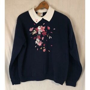90s Morning Sun Vintage Blue Floral Birds Collard Crewneck Sweatshirt Sz L